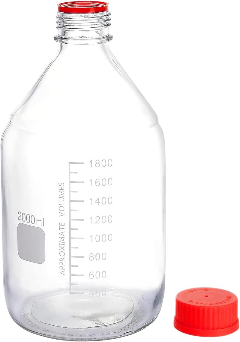 Pastein 2000 mL (2 Liter) Graduated Round Reagent Media Bottle Storage Glass Bottle with GL45 Red Screw Cap - Image 3